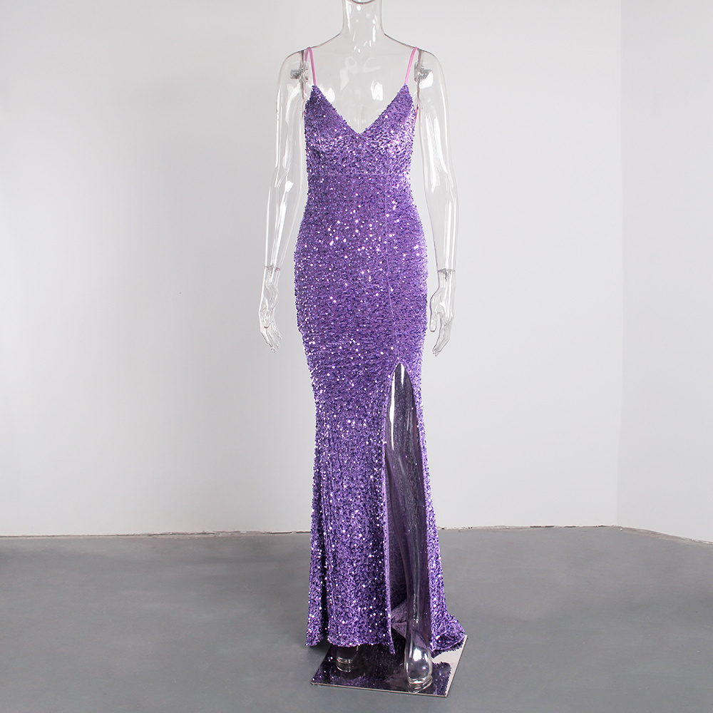 Alibaba Evening Dresses Manufacturer Make Sexy Formal V Neck Purple Sequined Dubai Arabic Evening Dresses