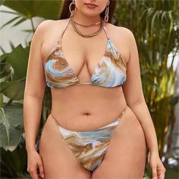 Plus Size Bikini Set Mesh Drawstring Halter 3 Pieces Swimsuit Bathing Suits High Quality Custom Women OEM Service Digital Print