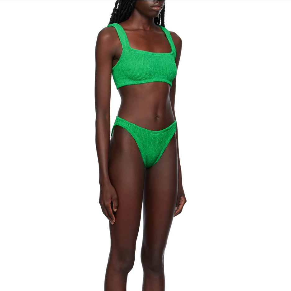 Solid green two pieces swimwear & beachwear square neck bra mid coverage bottom unlined textured women's sexy bikini swimsuit