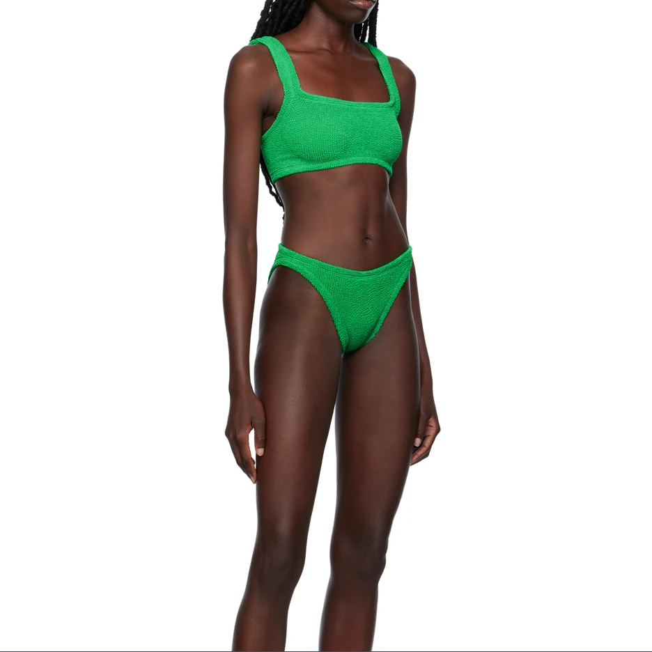 Solid green two pieces swimwear & beachwear square neck bra mid coverage bottom unlined textured women's sexy bikini swimsuit