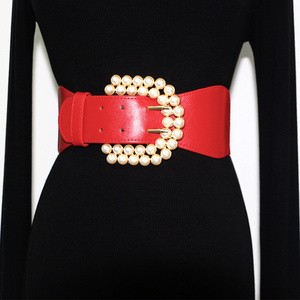 Pearl Inlay Senior Belt Hundred Match Stretch Elastic Wide Belt Seal Fashion Classic Belly Leather Belt Women