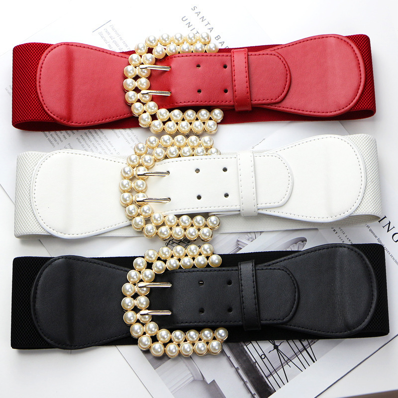 Pearl Inlay Senior Belt Hundred Match Stretch Elastic Wide Belt Seal Fashion Classic Belly Leather Belt Women