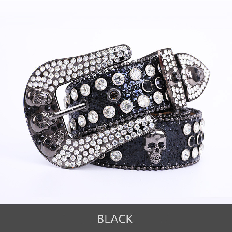 Men And Women Skull Rhinestone Belt Punk Hip-hop Leather Belt Jeans Dress Shiny Belt For Unisex