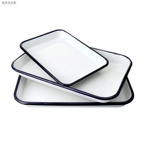 OEM promotion white color classical vintage plain blank white enamel coated steel baking roasting tray