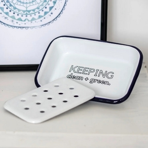 Europe thick Custom logo printed Bathroom Enamel Self Draining Soap Holder Vintage Removable Ceramic enamelware Soap Dish