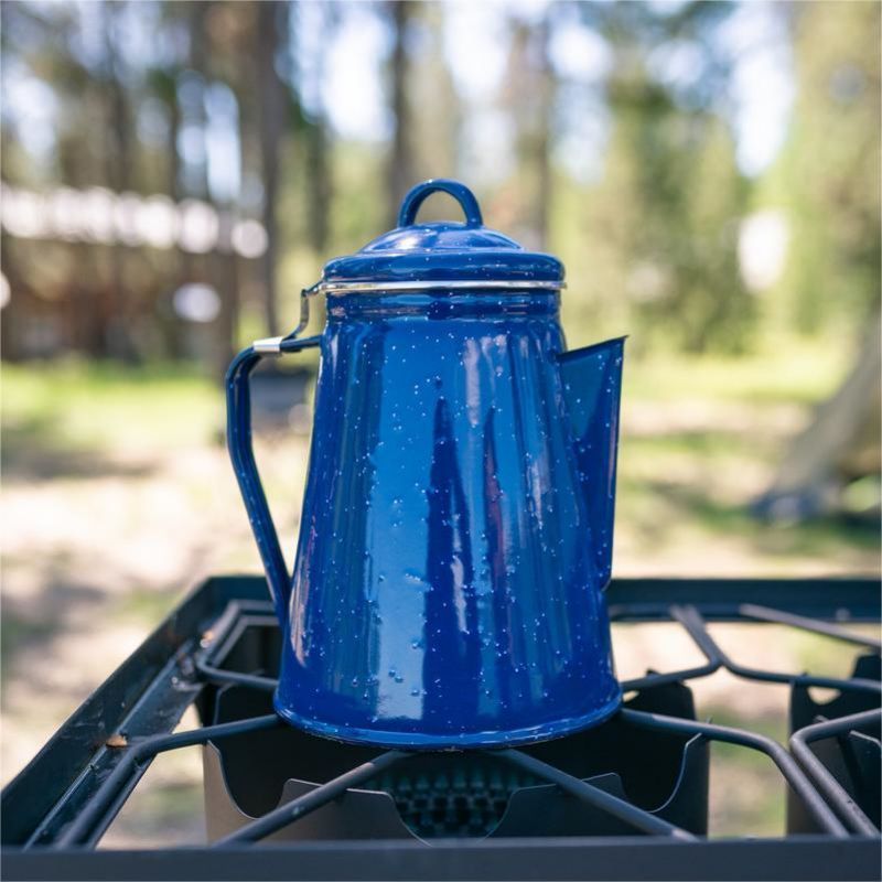 High quality blue color speckled camping outdoor metal steel enamel coffee tea pot with lid