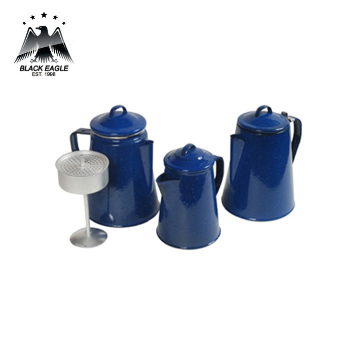 Blue color enamel coffee pot with 4 mugs for camping