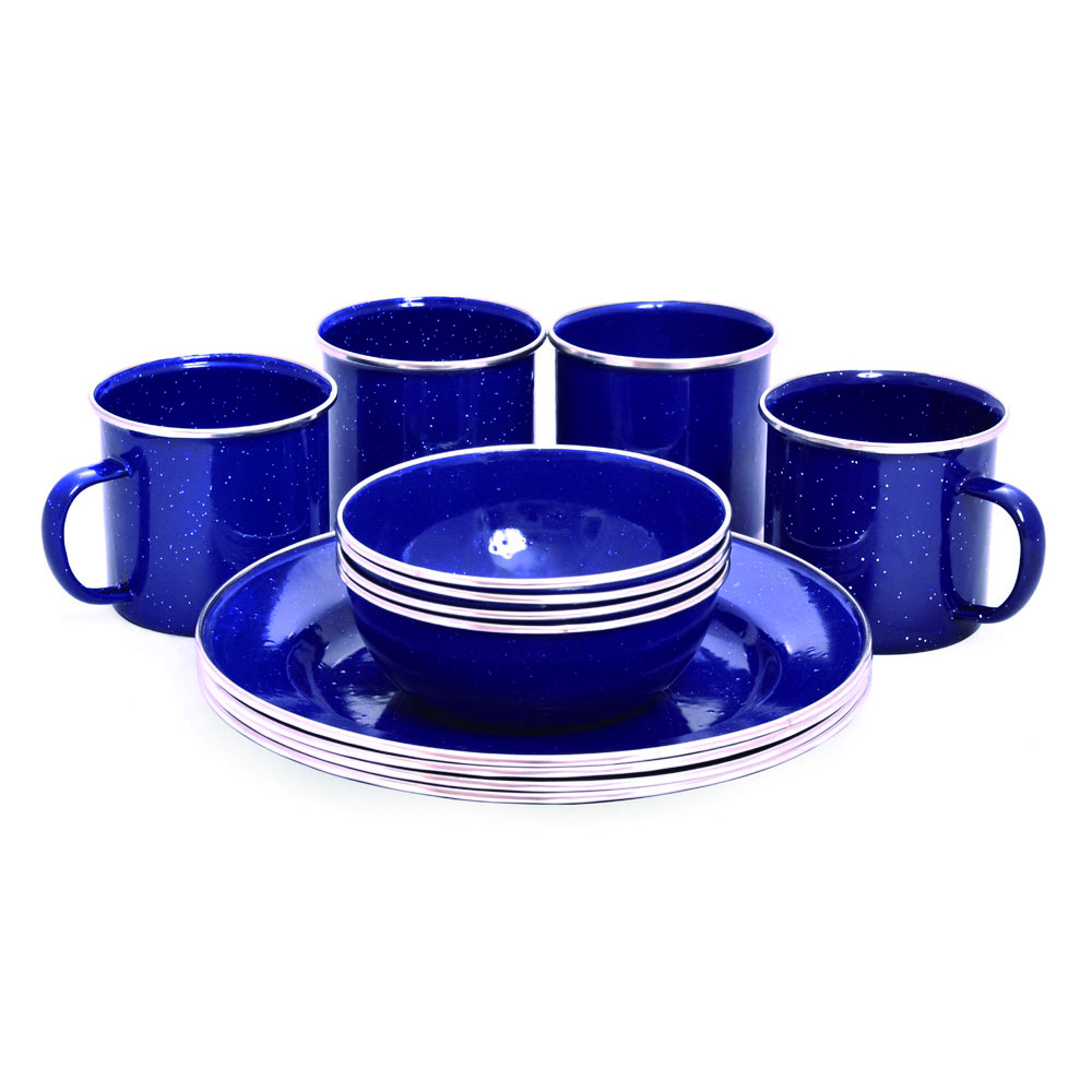 Blue color enamel coffee pot with 4 mugs for camping