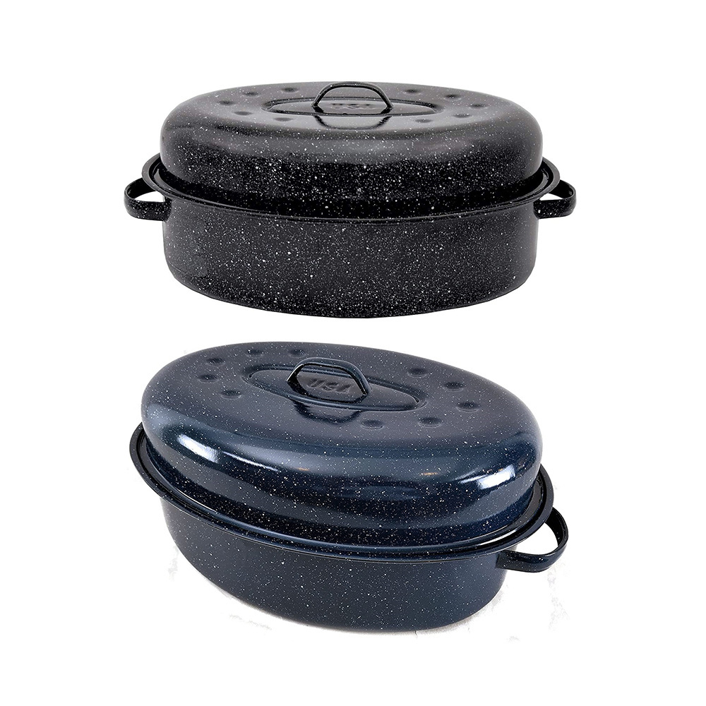 Factory wholesales mini round oval black enamel chicken cookware turkey roaster pot with lid