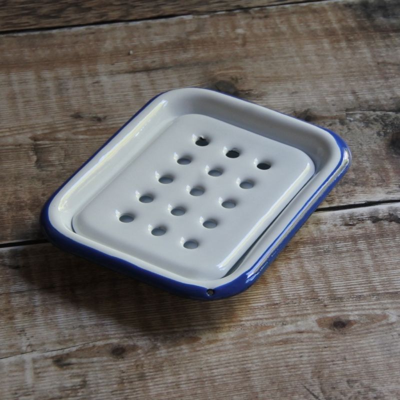 Classic white blue rim Chinese wholesale custom color bathroom storage metal steel enamel soap dish dispenser holders