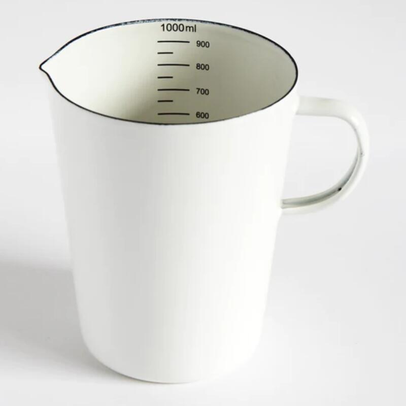 OEM logo printed Japan food grade safety hand painted Enamel steel Measuring coffee milk drinking Jug cup mug with spout