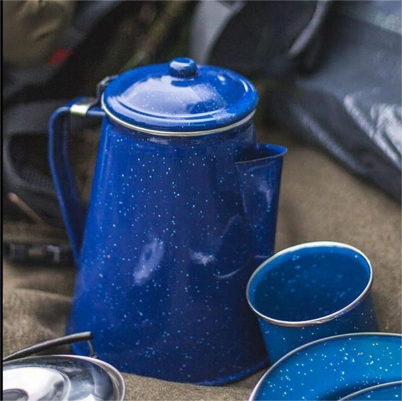 High quality blue color speckled camping outdoor metal steel enamel coffee tea pot with lid