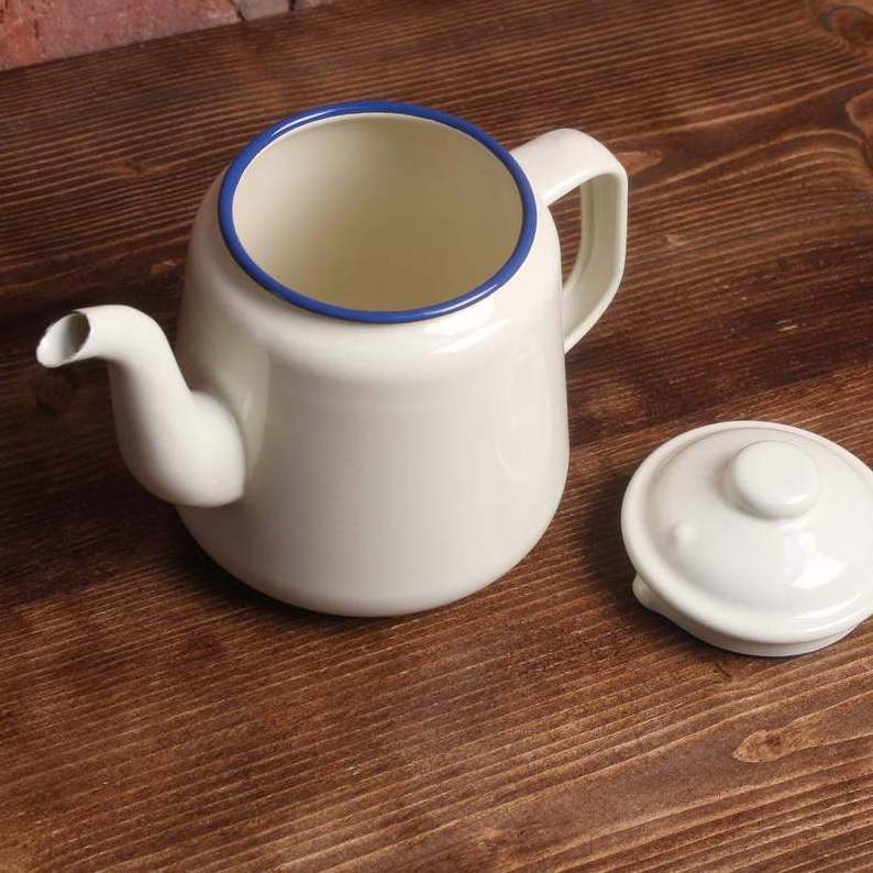 1.3L Traditional Vintage Kitchen Style white Cream Ivory Blue Rim Small enamel metal coffee tea pot kettle teapot