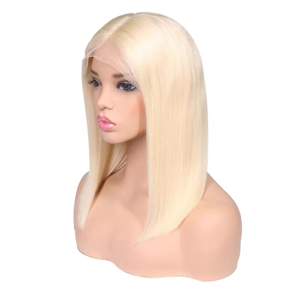 Virgin  blonde human hair lace wig middle part Transparent lace 613 bob lace front wig for sale