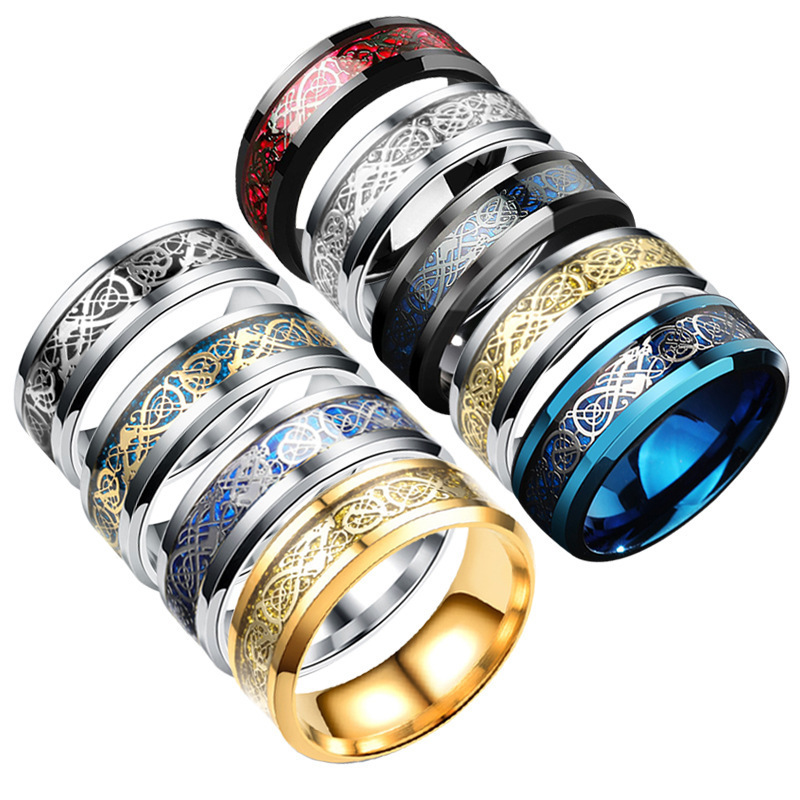 Cheap Wholesale Carbon Fiber Black Dragon Inlay Anillo Stainless Steel Tungsten Men Rings