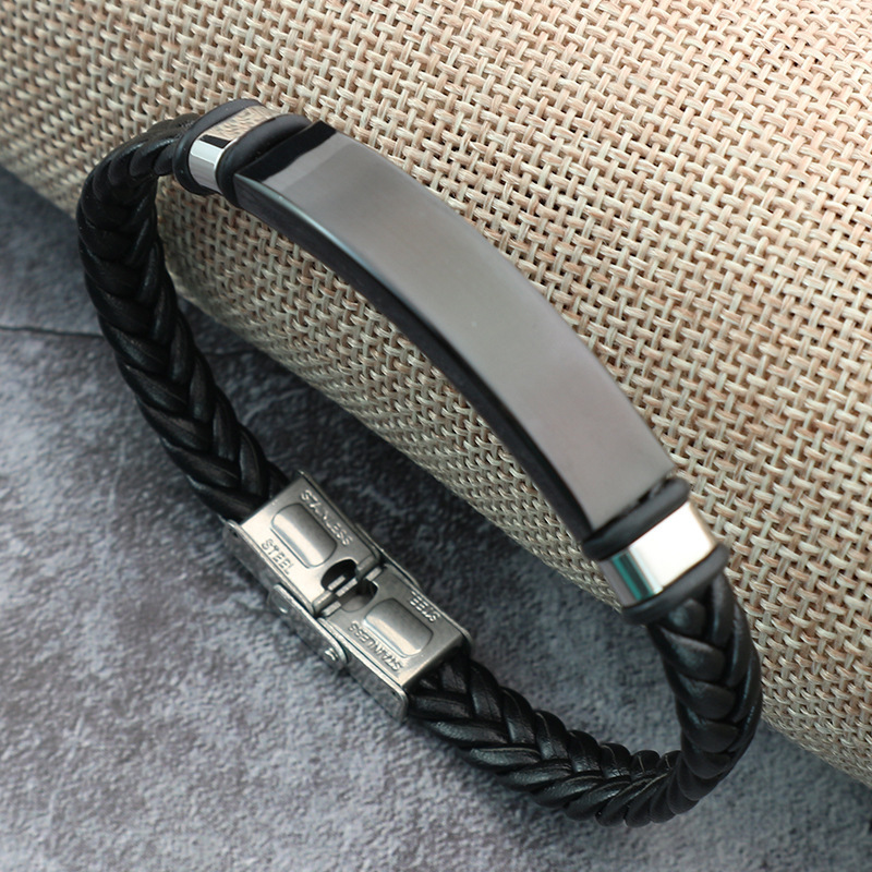 Wholesale Personal Engraved Stainless Steel Bracelet Jewelry Handmade Woven Leather Cuff Bracelet For Men Stainless Steel