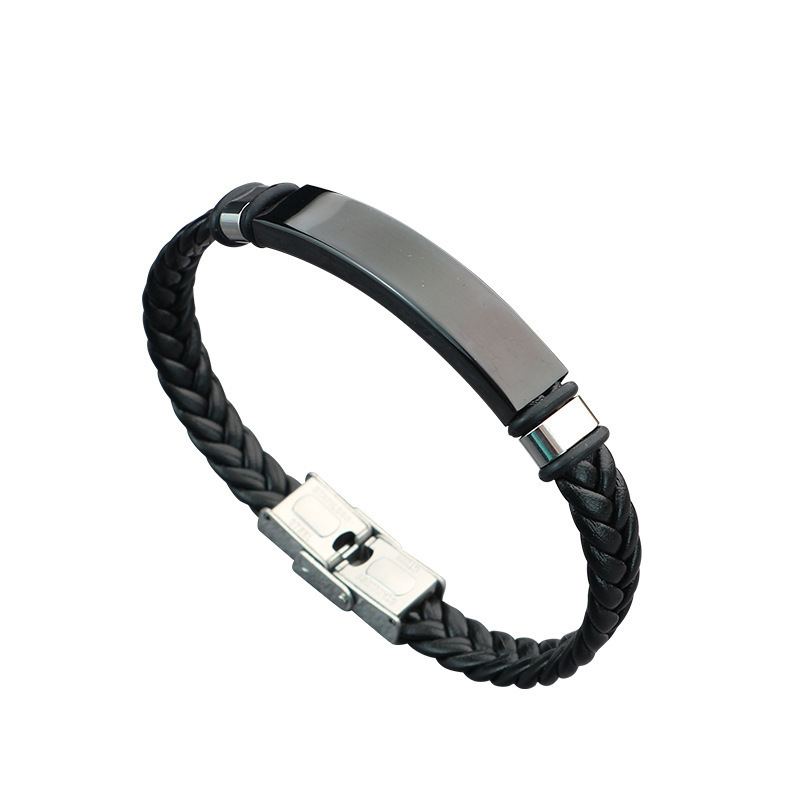 Wholesale Personal Engraved Stainless Steel Bracelet Jewelry Handmade Woven Leather Cuff Bracelet For Men Stainless Steel