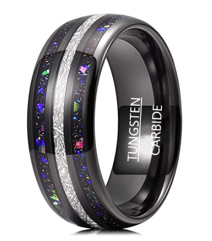 Galaxy Series Blue Rainbow Inlay Mens Wedding Bands Black Hammered Tungsten Carbide Ring