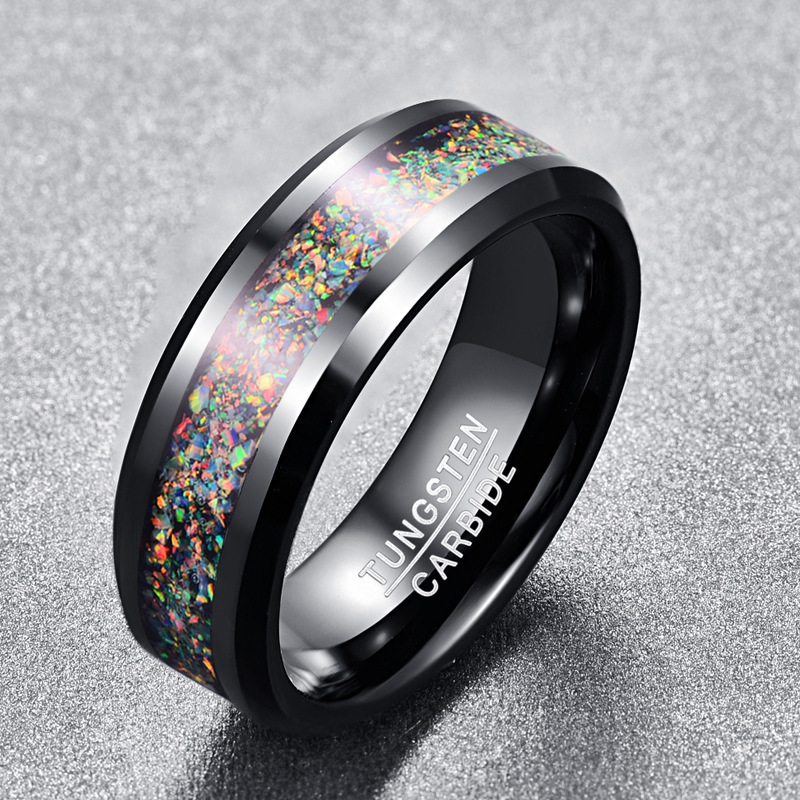 Galaxy Series Blue Rainbow Inlay Mens Wedding Bands Black Hammered Tungsten Carbide Ring