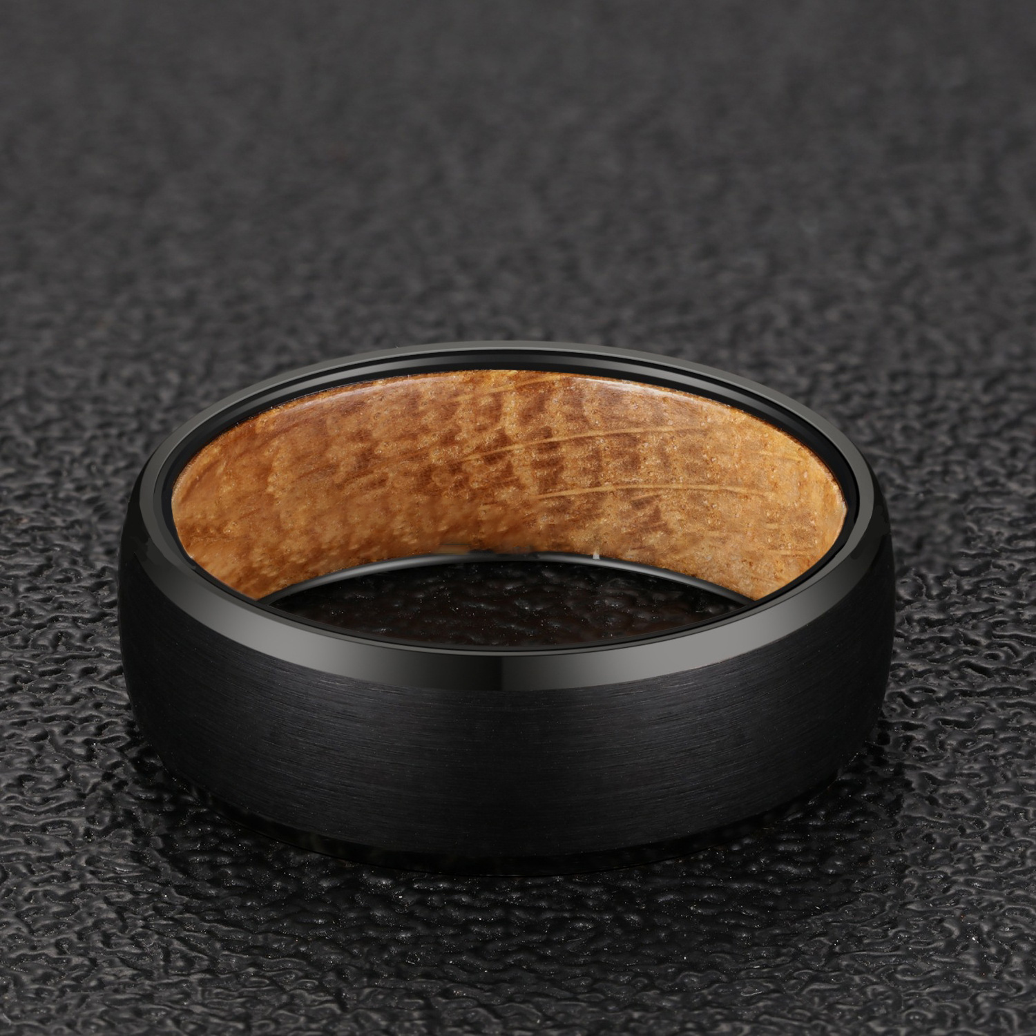 Premium Mens 8mm Tungsten Steel Shell Cask Wood Rings Black Tungsten Carbide Ring