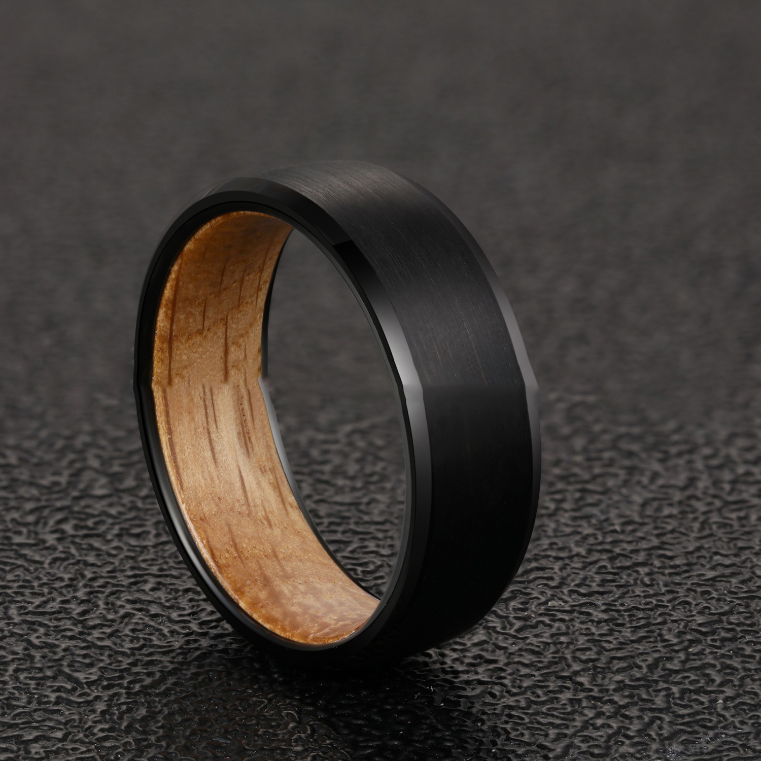 Premium Mens 8mm Tungsten Steel Shell Cask Wood Rings Black Tungsten Carbide Ring