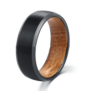 Premium Mens 8mm Tungsten Steel Shell Cask Wood Rings Black Tungsten Carbide Ring