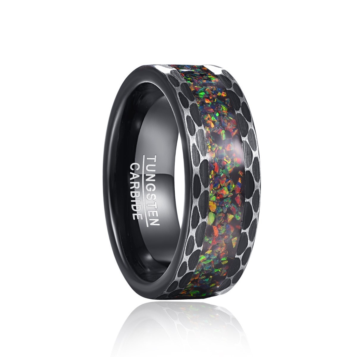 Galaxy Series Blue Rainbow Inlay Mens Wedding Bands Black Hammered Tungsten Carbide Ring