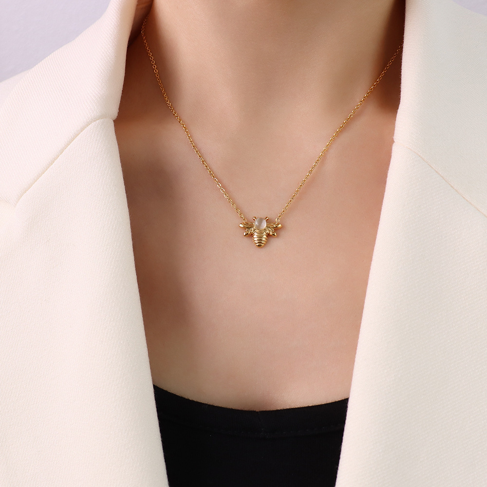 Simple 18K Gold Plated Titanium Steel Women Cute Animal Honeybee Opal Pendant Necklace