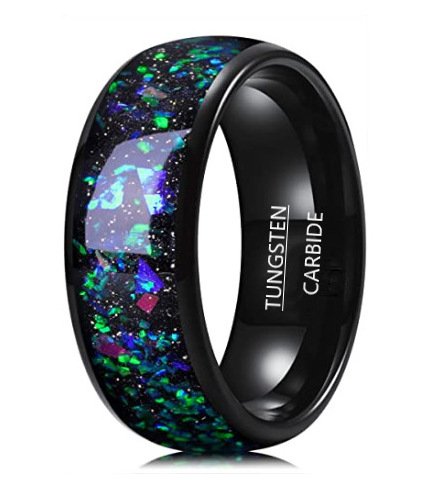 Galaxy Series Blue Rainbow Inlay Mens Wedding Bands Black Hammered Tungsten Carbide Ring