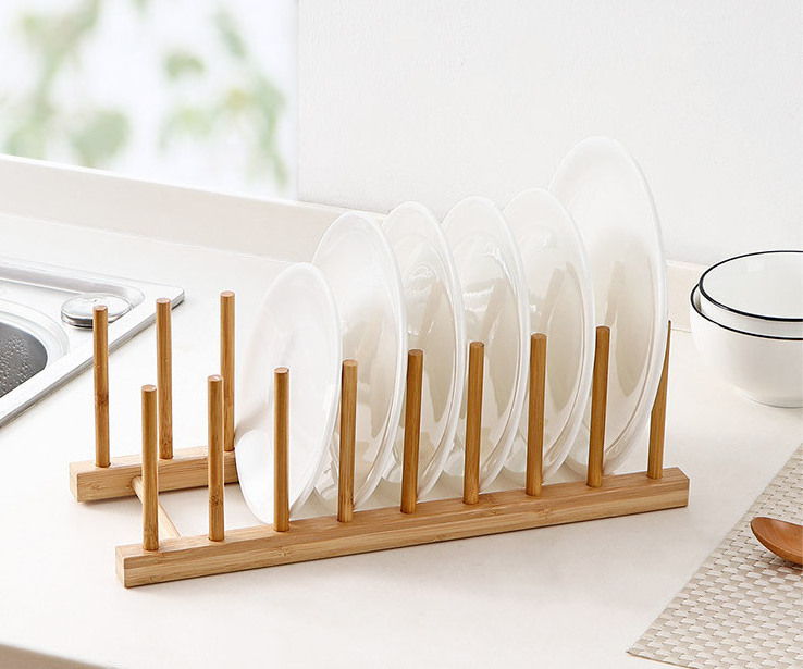 Bamboo Wooden Dish Rack - Plate Rack Stand Pot Lid Holder, Kitchen Cabinet Organizer for Bowl, Cup, Cutting Board Rack