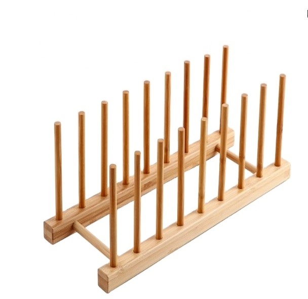 Bamboo Wooden Dish Rack - Plate Rack Stand Pot Lid Holder, Kitchen Cabinet Organizer for Bowl, Cup, Cutting Board Rack