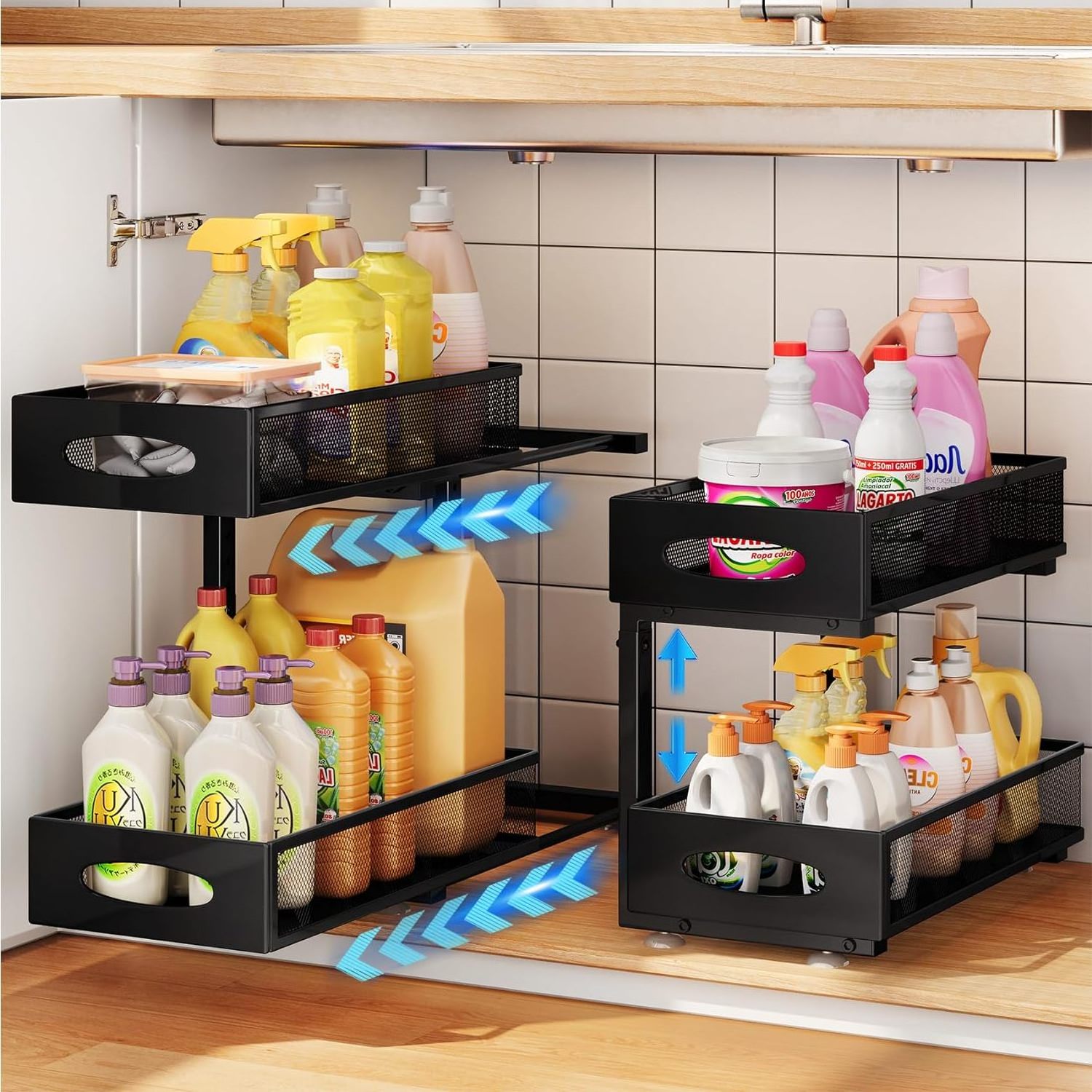 BOCHENG  2 Tier Kitchen Under The Sink Rack Cabinet Storage Rack Kitchen Sliding Pull Out Basket Organizers And Storage Drawer