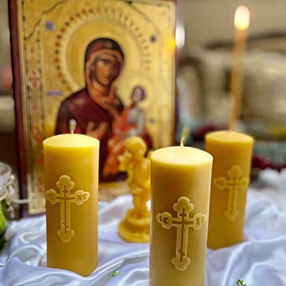 high quality christian candle pure natural beeswax handmade pillar candle private logo custom cross beeswax candle bulk