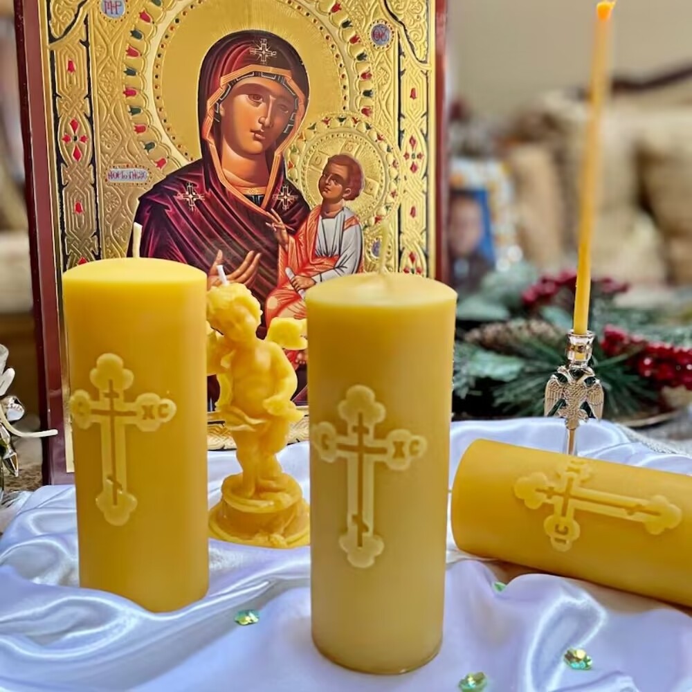 high quality christian candle pure natural beeswax handmade pillar candle private logo custom cross beeswax candle bulk