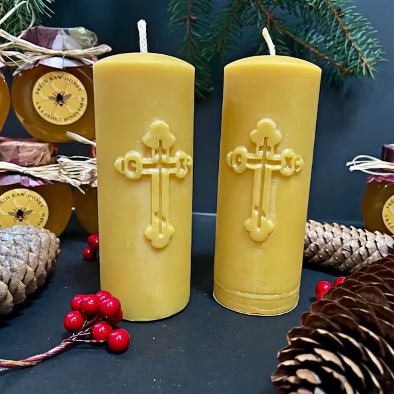 high quality christian candle pure natural beeswax handmade pillar candle private logo custom cross beeswax candle bulk