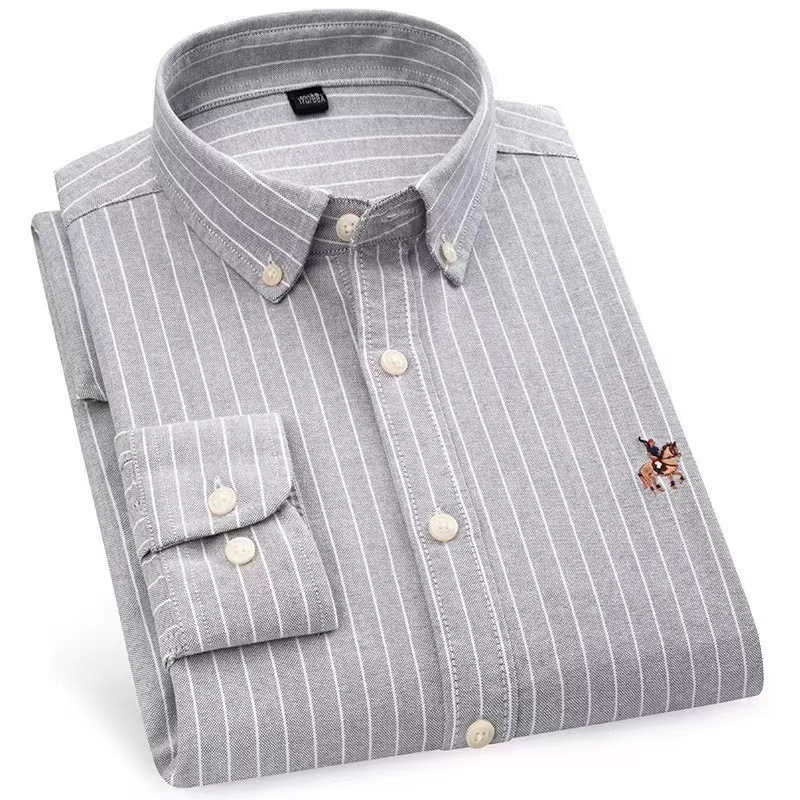 Button Down Collar Striped Cotton Oxford Casual Shirt Custom Embroidery Long Sleeve Formal Dress Shirt Mens