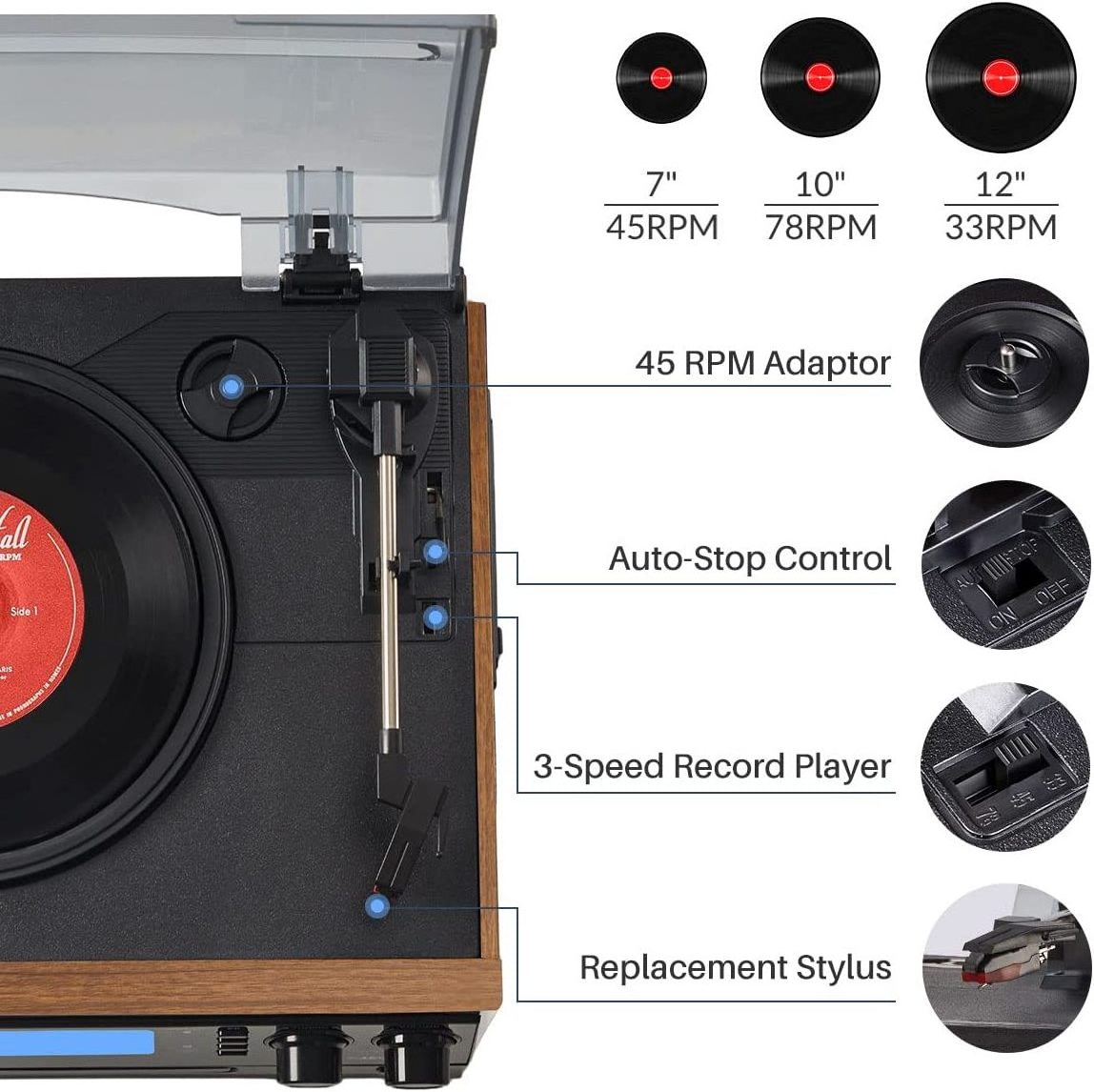 Retro Vinyl Multifunction Record Player Turntable 3-Speed Phonograph With AM/FM Radio CD/Cassette