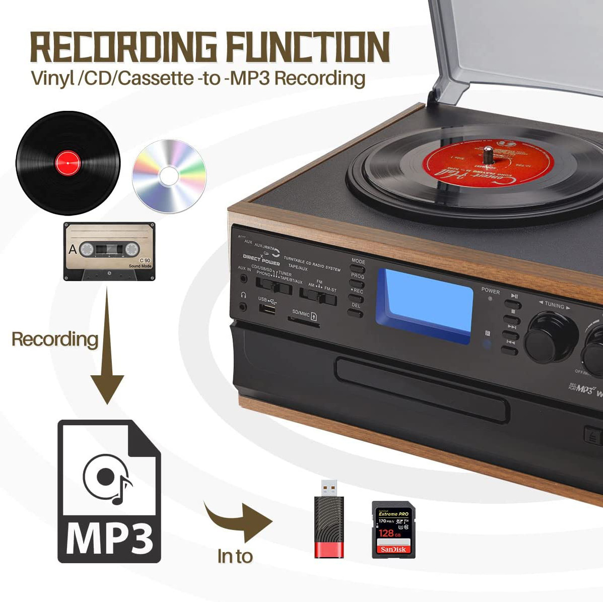 Retro Vinyl Multifunction Record Player Turntable 3-Speed Phonograph With AM/FM Radio CD/Cassette