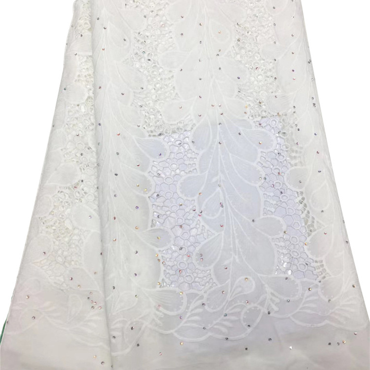 Best Quality White Party aso ebi Nigerian Material Embroidery Water Soluble Cord Lace Materials with Beads