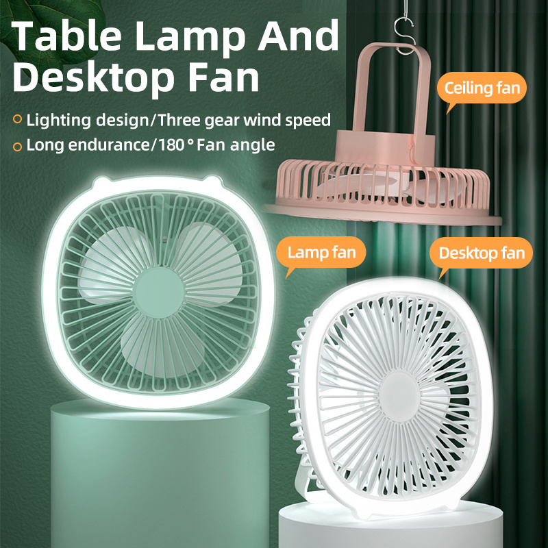 2023 new hanging design Square Desk Fan with LED light mini ceiling fan portable USB charging table fan for indoor outdoor