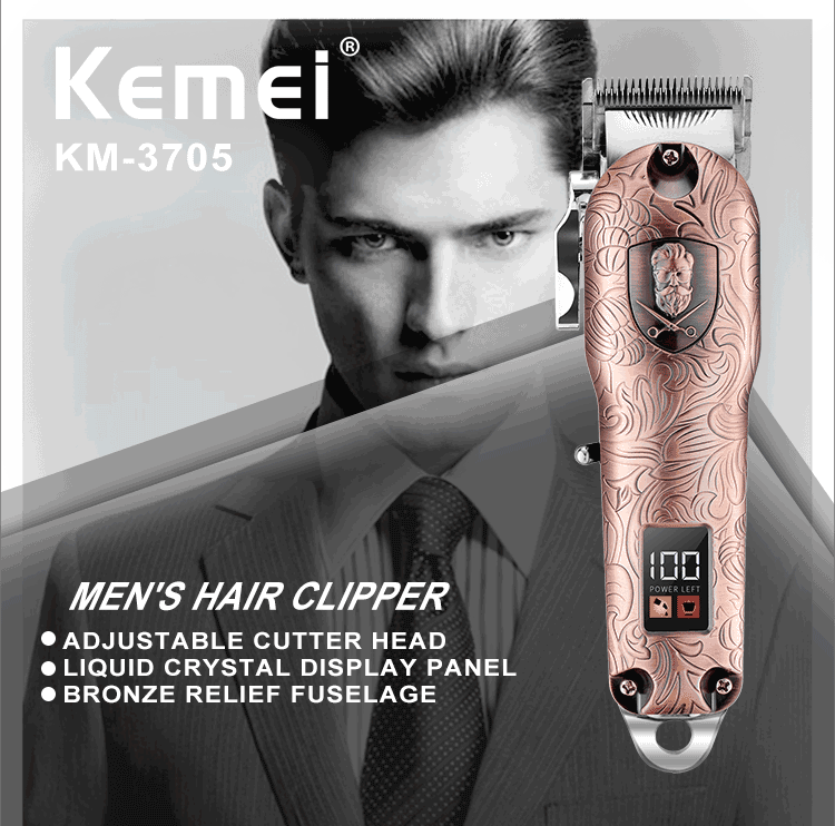 New Full Metal Copper Color Usb Charging Hair Clipper Kemei Km-3705 Retro Embossed Appearance Men'S Hair Clipper