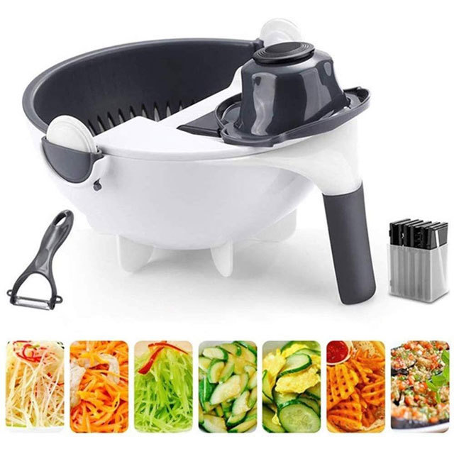 Multifunctional Manual Vegetable Cutter Slicer 9 in 1 Vegetable Fruits Cutter Hand Vegetable chopper shredder with drain basket