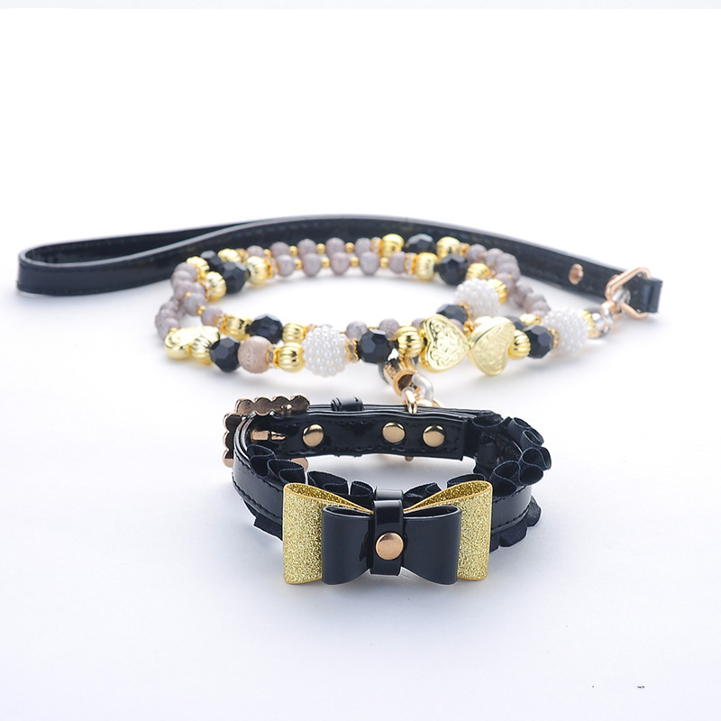 Fashion Jeweled Personalize Black Crystal Bow Dog Collar And Leash Set Pet Cat Leash Pearl Dog Necklace Chain