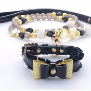 Fashion Jeweled Personalize Black Crystal Bow Dog Collar And Leash Set Pet Cat Leash Pearl Dog Necklace Chain