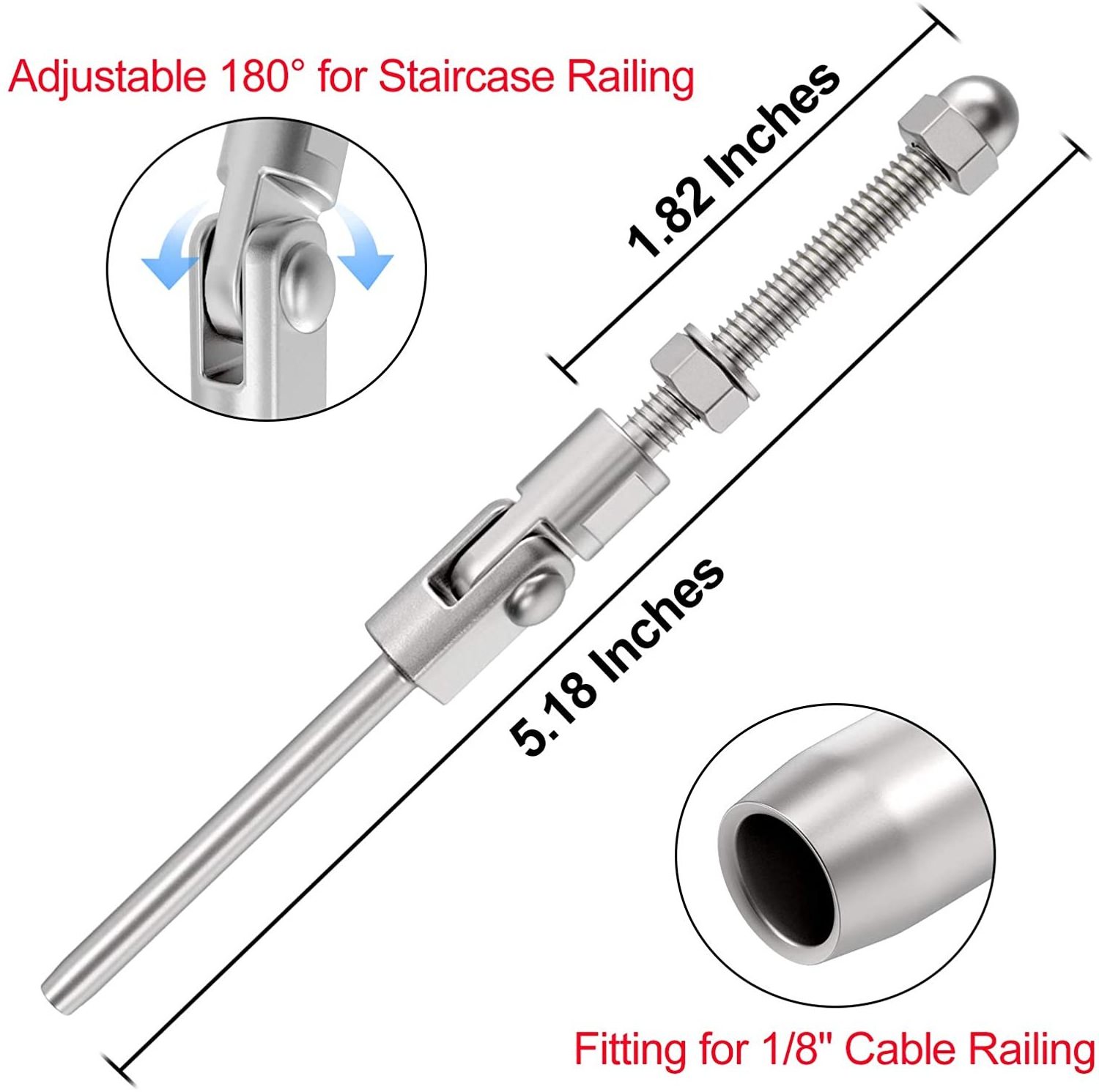 Cable Railing Hardware  T316 Stainless Steel 180 Degree Adjustable Angle Swage Threaded Stud Tension End fit 1/8