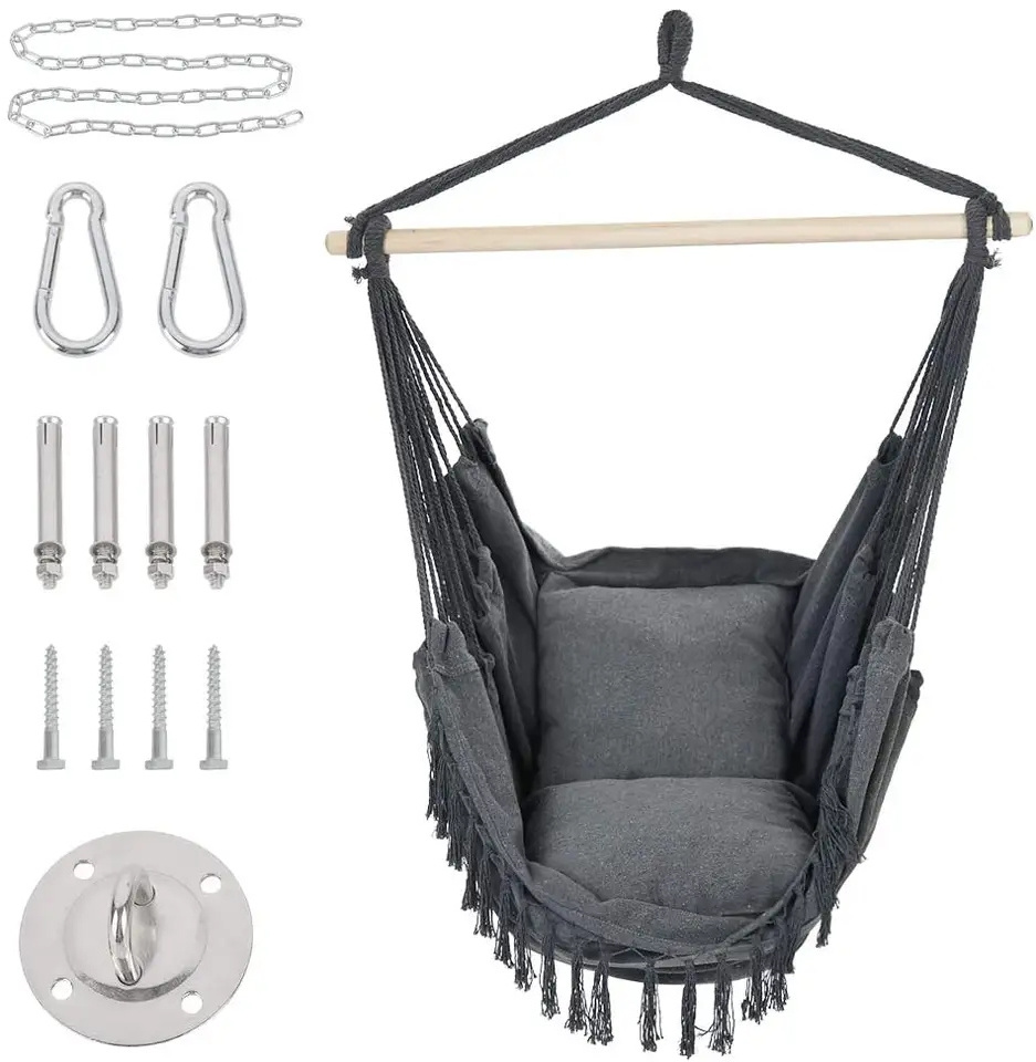 Outdoor Indoor Hammock Chair with Macrame and Pillow and Pocket