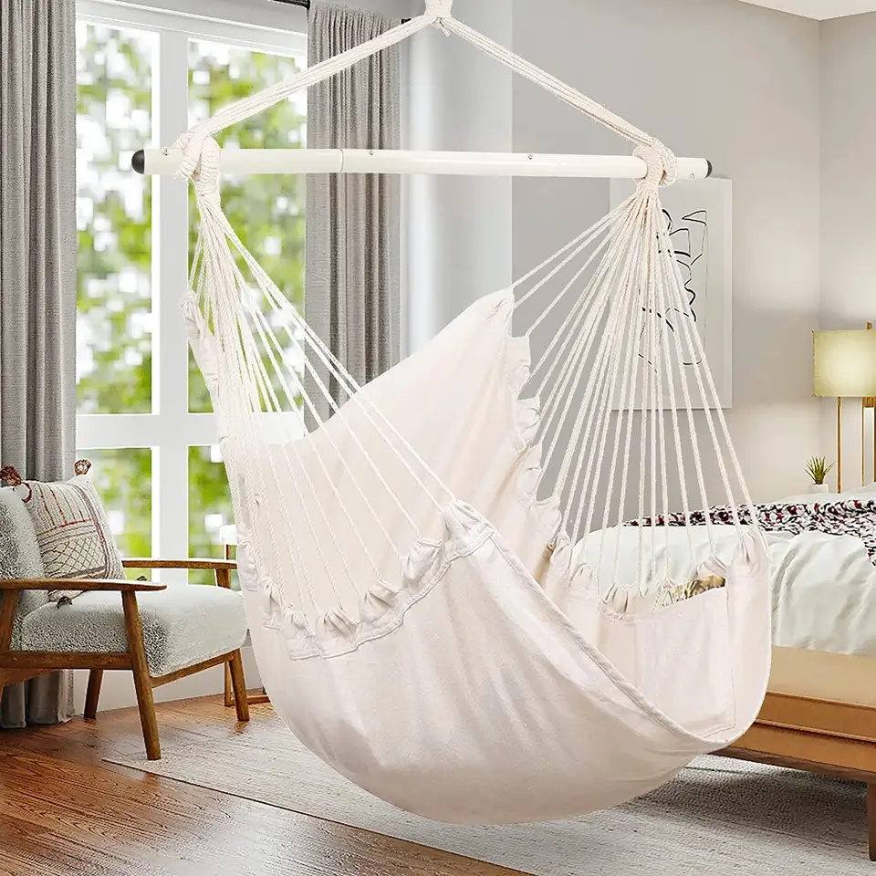 High Quality Cotton Macrame Swing Chair with Pillow Outdoor Garden Hammock Chair