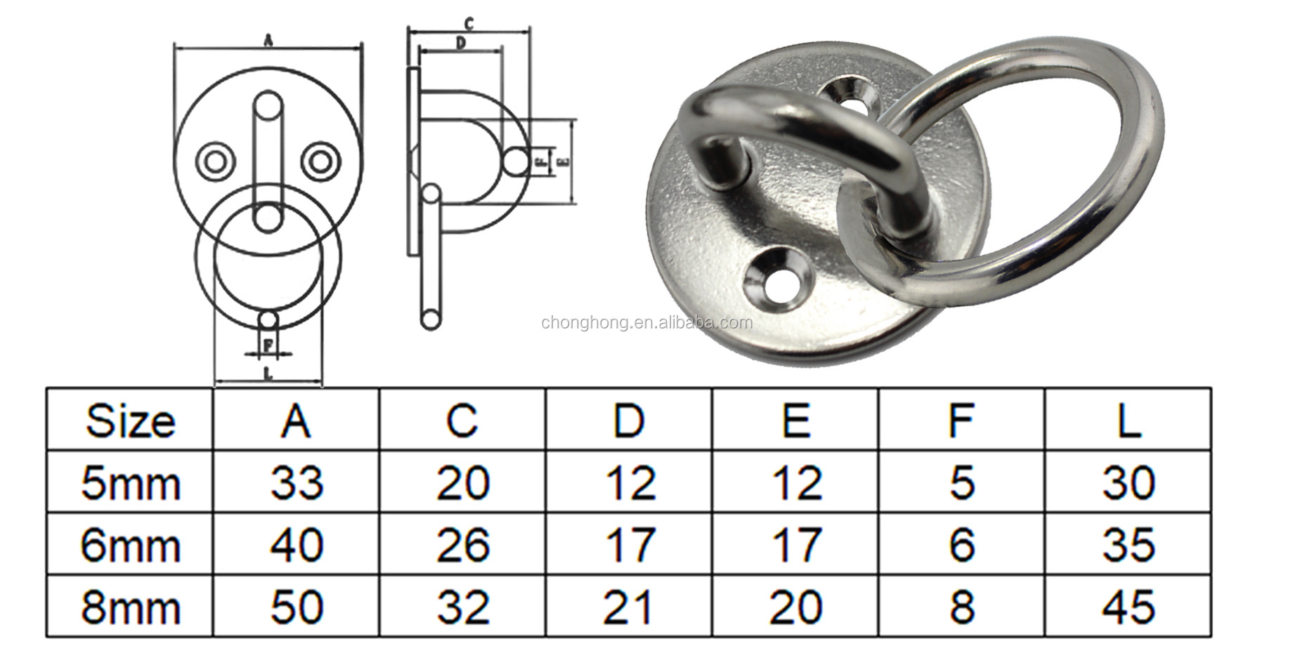 Marine Hardware 5mm AISI304/316 Stainless Steel Round Pad Eye Plate with Ring Ceiling Wall Mount Hook for Yoga Hammock Swing