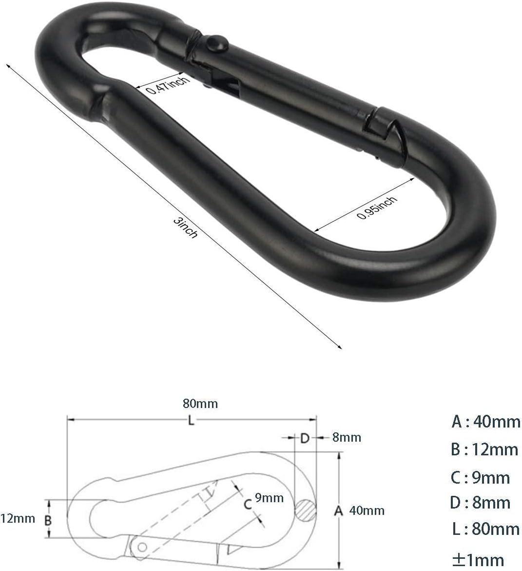 3 Inch Alloy Steel Black Spring Snap Hook Clip Link Buckle Heavy Duty Hammock Swing Hook