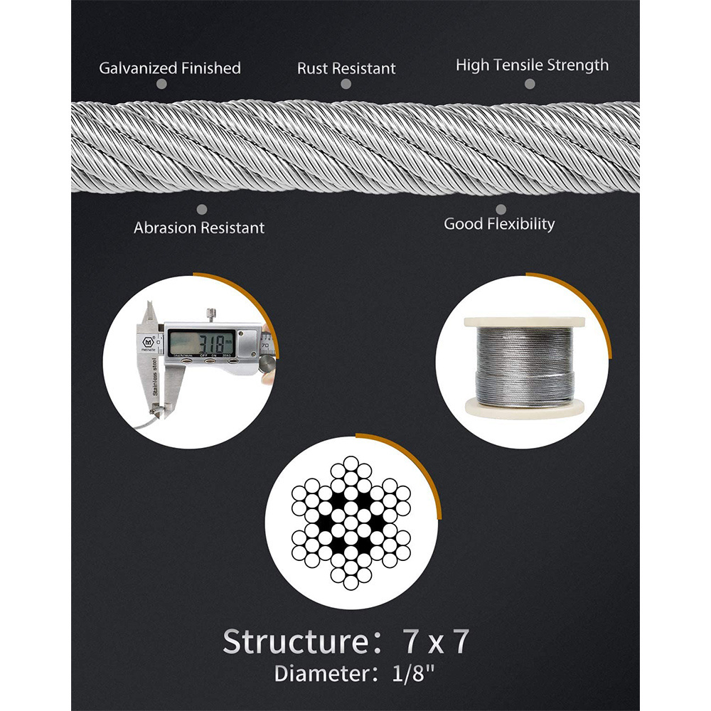 Galvanized Steel Cable 7x7 Strands Construction Wire rope 1/8